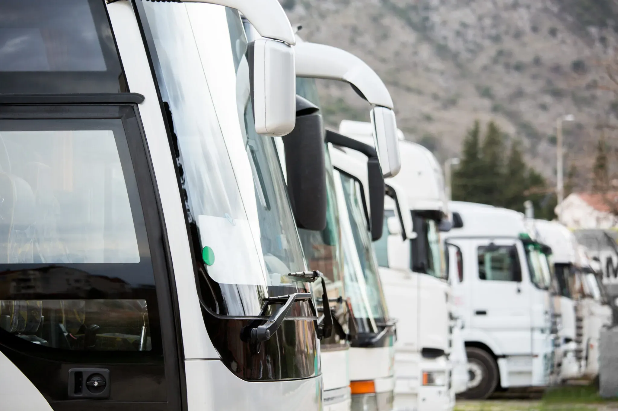 Reihe geparkter Reisebusse und Lastkraftwagen von vorn